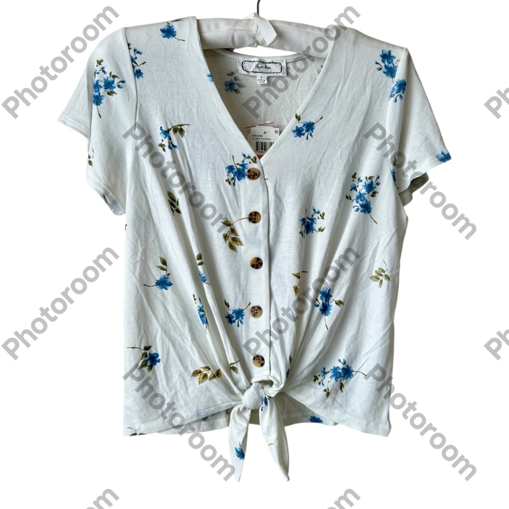 Short Sleeve Shirt White with Blue Flowers Tie Hem V-neck Button Small NWT